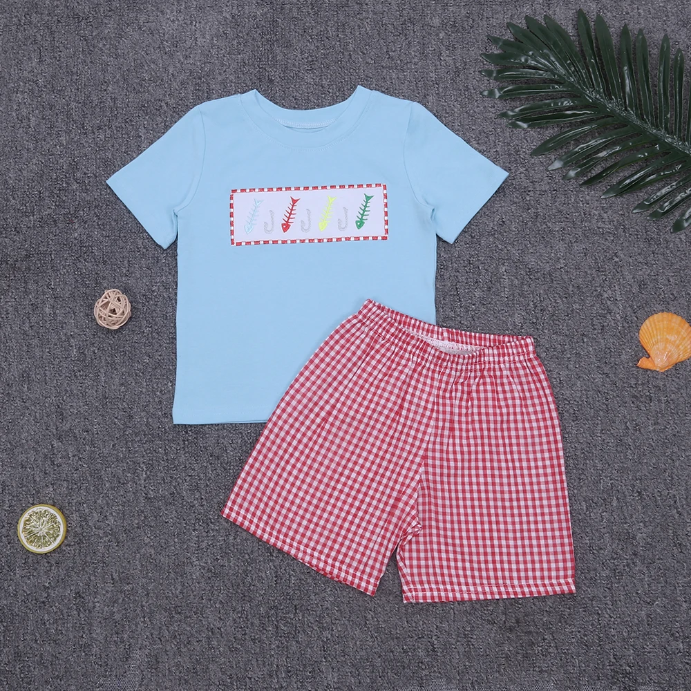 

Baby Boy Clothes Boy Set Boys Spring And Summer Clothes Two Piece Hook Fish Bone Embroidery T-Shirt Red Grid Shorts Boy Clothes