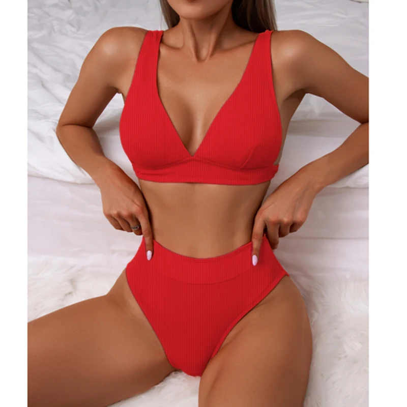 

Female Sexy Hot V-Neck Biquini Solid Bikinis Swimwear High Waist Push Up Bikini Bathing Beachwear Swimsuit 2 Piece Sets Womens