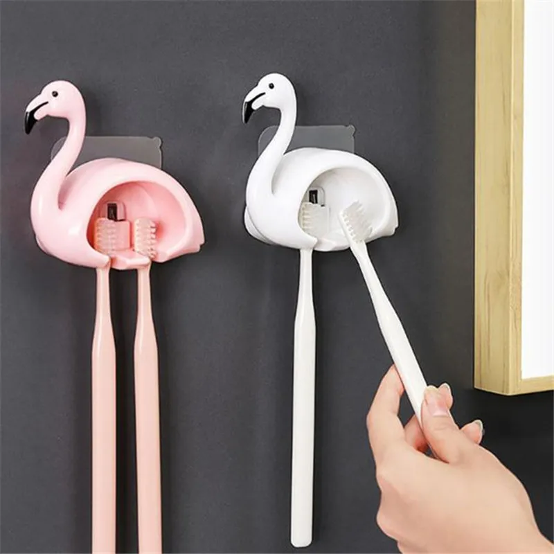 

2022 New Toothbrush Holder Sucker Flamingo Shaped Bathroom Accessories 2 Position 1Pcs Cute Wall Mount Toothbrush Rack Organizer