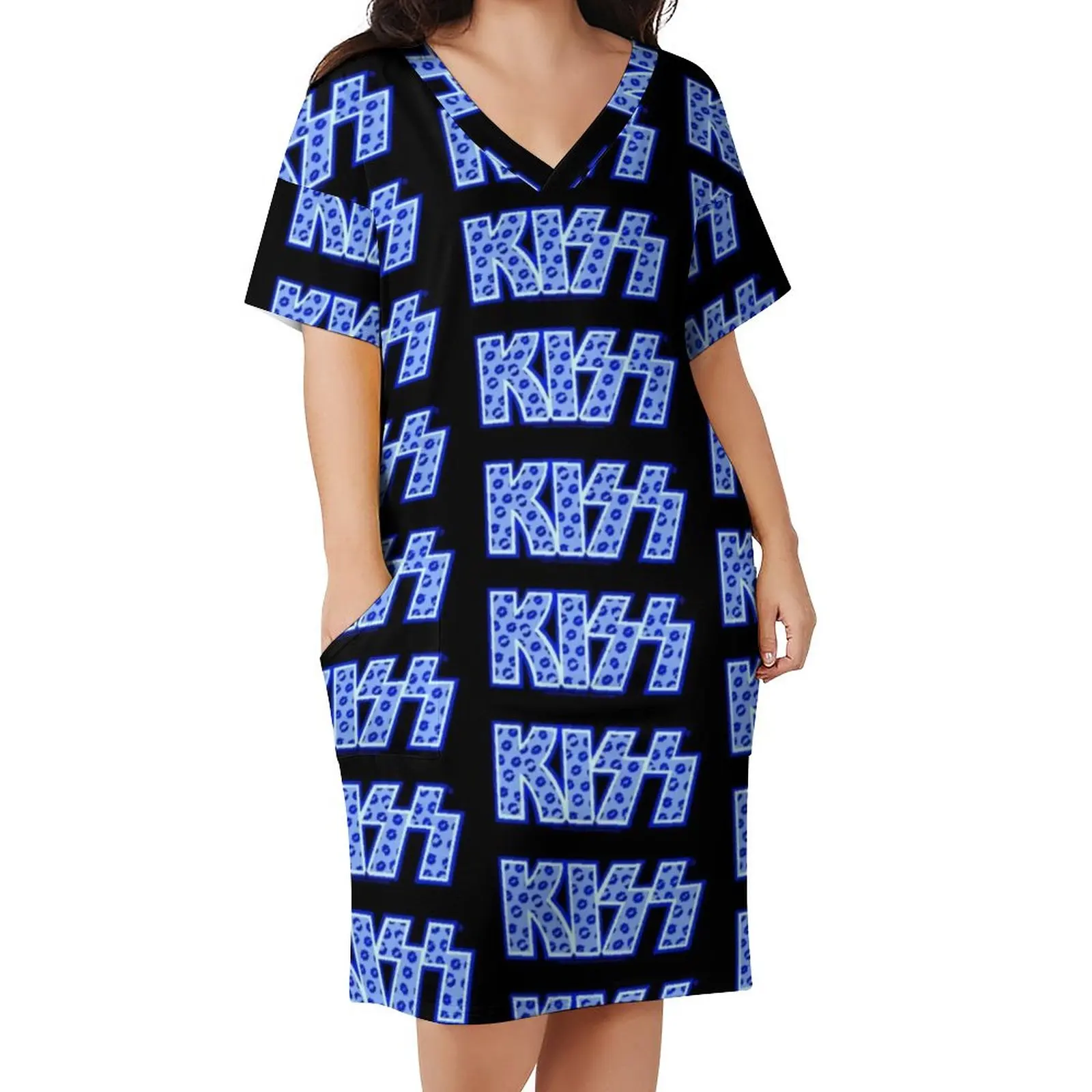 Kiss Band Casual Dress Summer Blue Lips Logo Kawaii Dresses Womens Short Sleeve Design Basic Dress Big Size