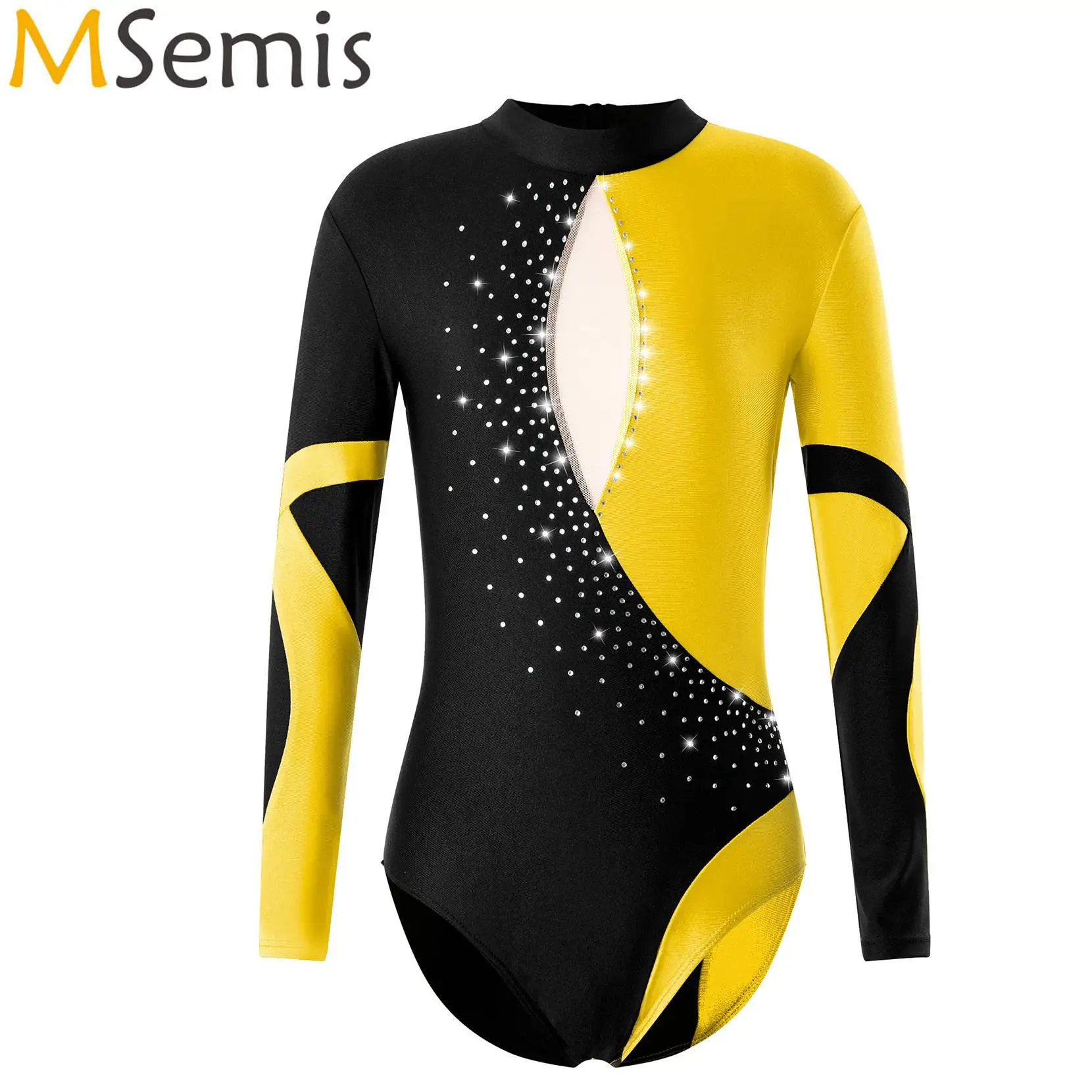 

Kids Girls Gymnastic Figure Skating Dance Costume Long Sleeve Open Back Shiny Diamonds Adorned Mesh Patchwork Leotard Jumpsuit