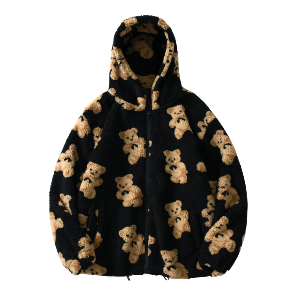 

Fleece Hooded Jassen Streetwear Casual Harajuku Hip Hop Mannen Vrouwen Mode Beer Print Full Zip Hooded Jas Tops Uitloper