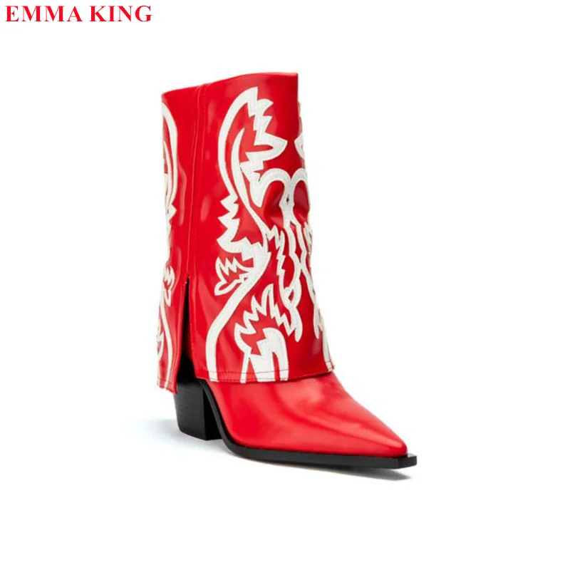 Женские ковбойские ботинки с вышивкой красные в стиле ретро на массивном высоком