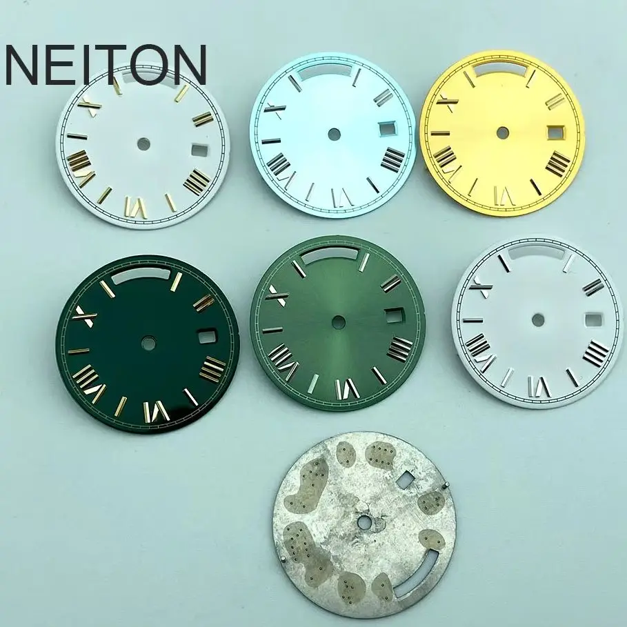 Фото NEITON Зеленый, черный, белый, синий, золотой циферблат для часов 28,5 мм, светящийся логотип/дизайн, подходит для дня и даты, st1644, циферблат для часов с механизмом №2