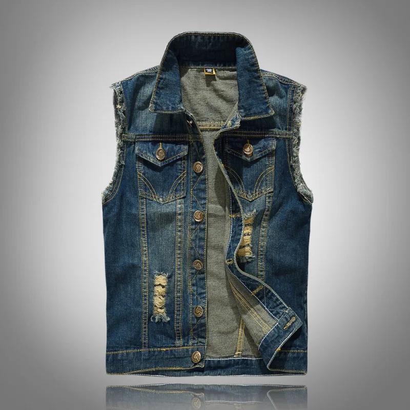 

Vintage Blue Men's Denim Vest Slim Fit Scratched Holes Distressed Fringe Frayed Sleeveless Jackets Man Holes Tassel Waistcoat