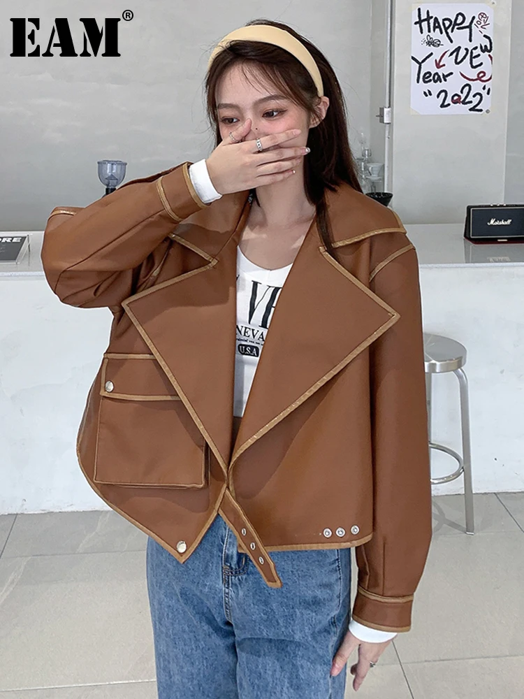 

[EAM] Pu Leather Purple Pocket Big Size Short Jacket New Lapel Long Sleeve Women Coat Fashion Tide Spring Autumn 2022 1DE8820