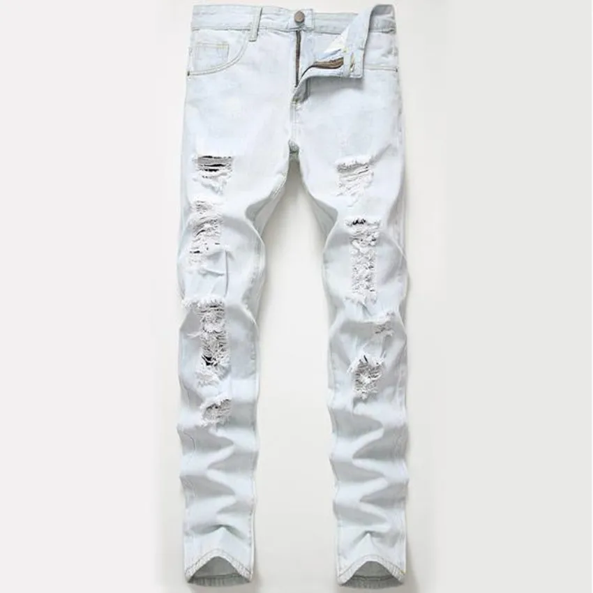 Fashion Street Style Ripped Skinny Jeans Men wash Solid Denim Trouser Mens Casual Slim fit pencil denim Pants