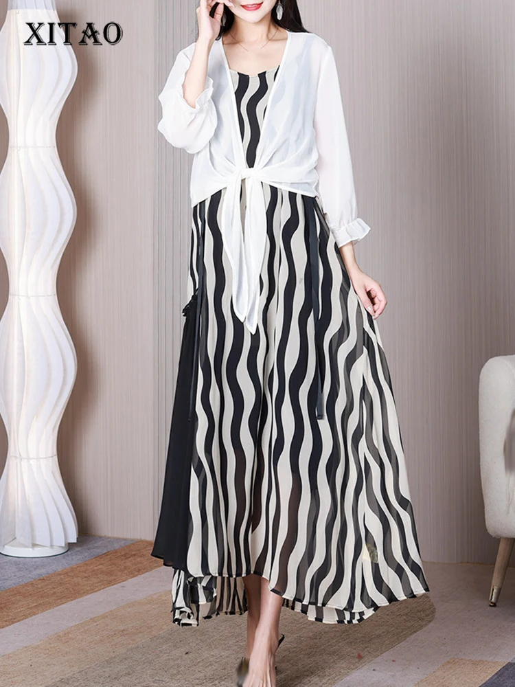 

XITAO/модное свободное Полосатое платье на бретелях, однотонный топ с длинными рукавами, универсальные комплекты из двух предметов, летняя но...
