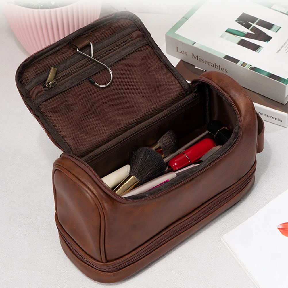 

PU Leather Toiletry Bag Large Capacity Travel Organizer Bag With Hanging Hook Bathroom Shaving Bags