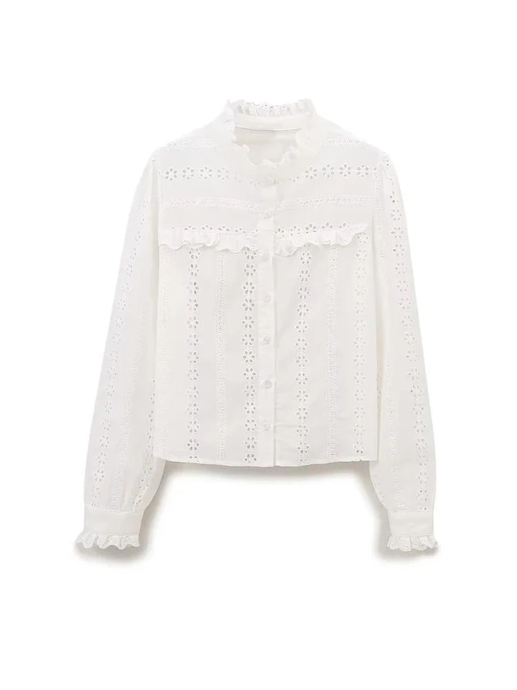 Харизматическая белая женская рубашка с вышивкой и длинным рукавом оборками