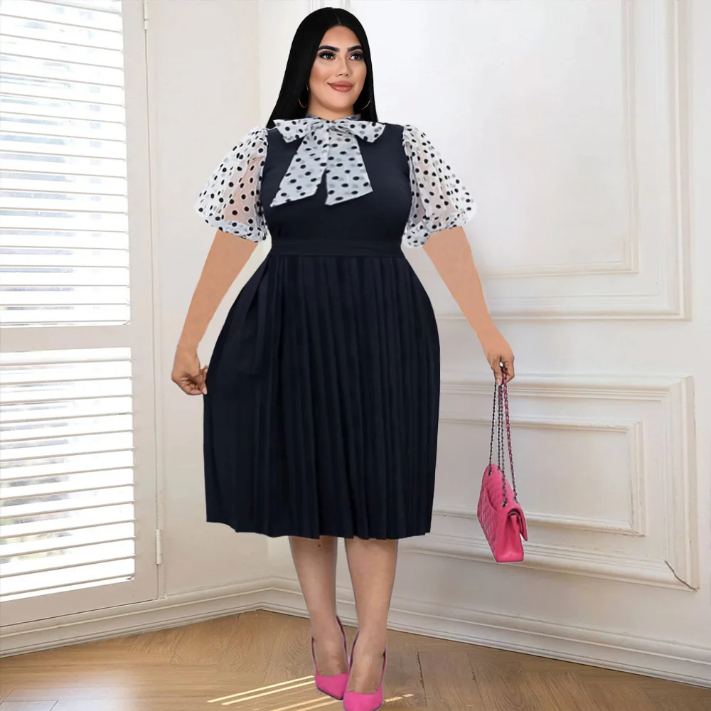 

Large fat mm elegant Lantern Sleeve short sleeve waist covering meat pleated skirt dress female Ruched dress