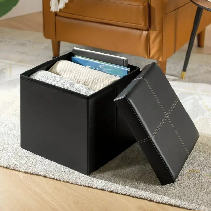 

Faux Leather Collapsible Storage Ottoman, Black Line Design