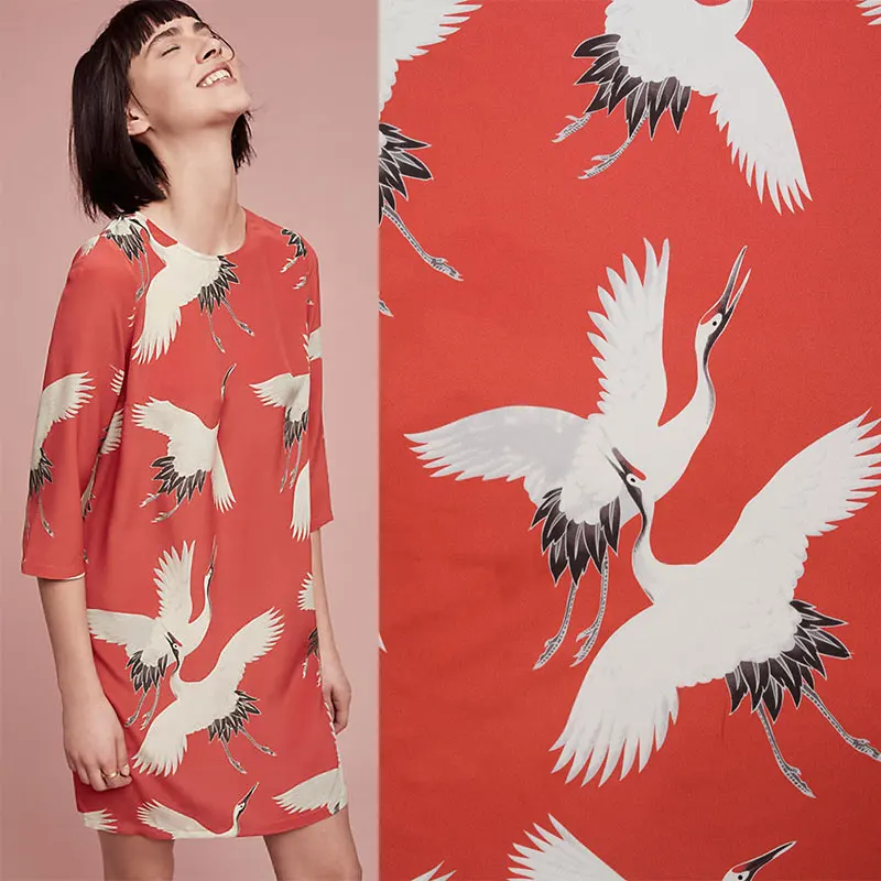 

Good Quality Crane Printed Chiffon Fabric for Sewing Material Fashion Clothing Kimono Diy Cloth for Women Dress by the Meter