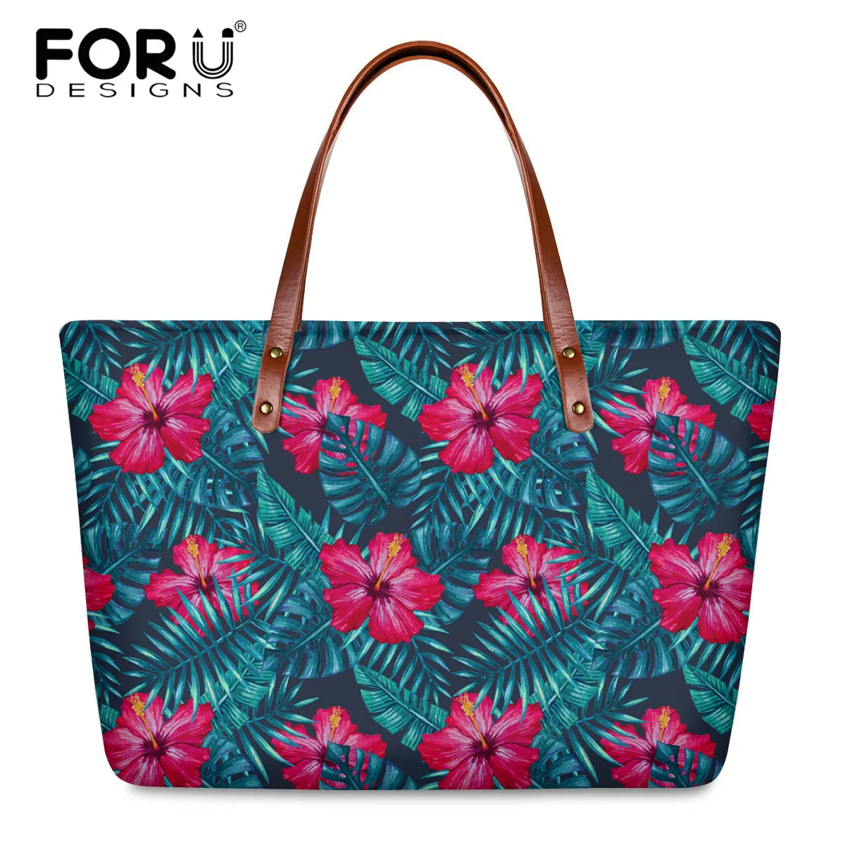 

FORUDESIGNS Ladies Casual Shoulder Bag Hibiscus Flower Floral Printing Women Portable Tote Bags Travel Large Size Shoulder Bag