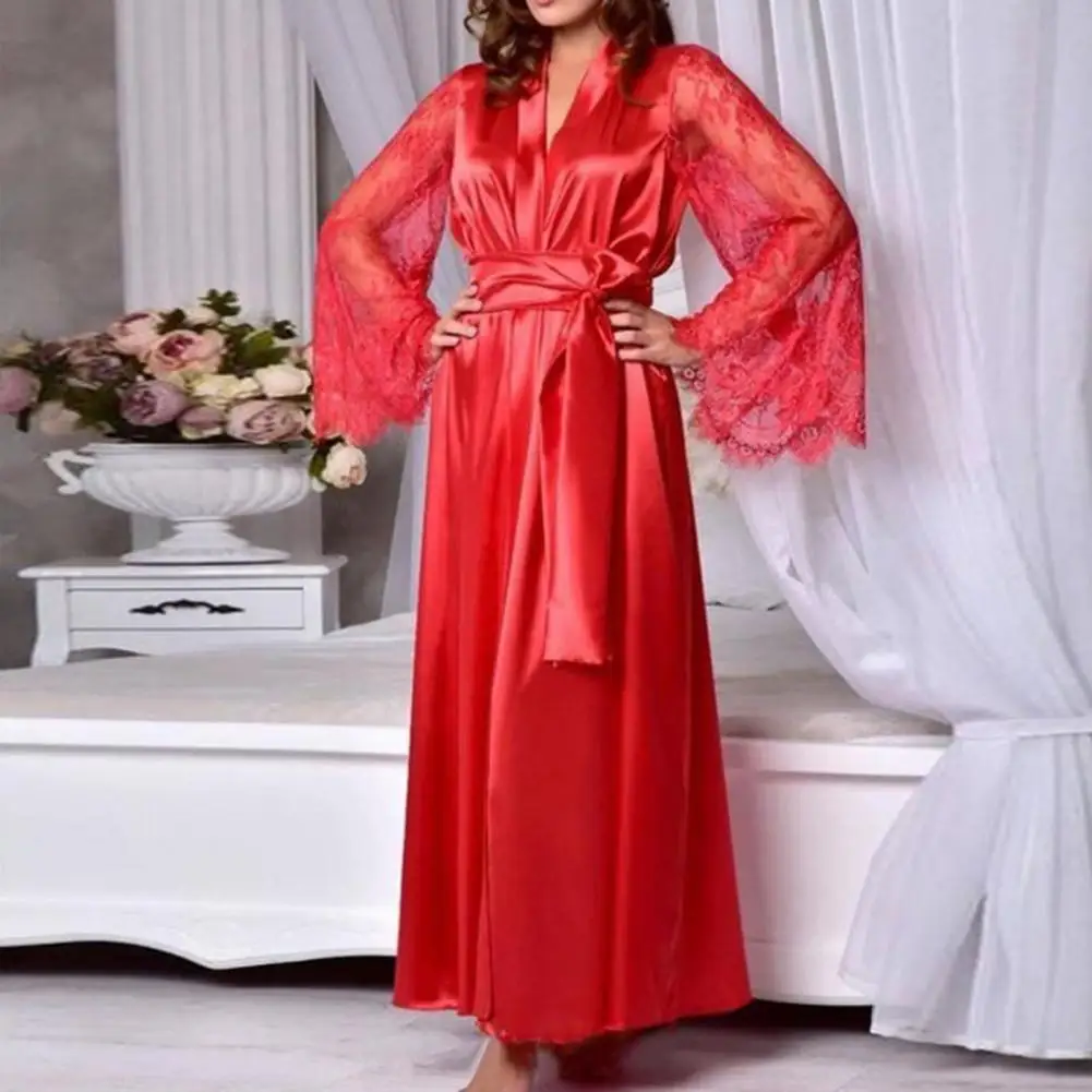 

Trendy Lady Pajamas Solid Color Tight Waist Ankle Length Lace Up Lady Pajamas Cardigan Women Bathrobe for Sleeping