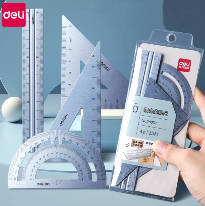 

Deli Metal Ruler Stationery Set Aluminum Alloy Multifunctional Combination Ruler Ruler Triangle Protractor Alloy Drawing 4 in 1