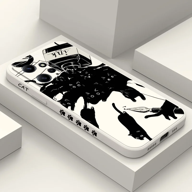

Ink Happy Cat Phone Case For Xiaomi Redmi Note 12 12S 11 11S 10 10T 10S 9 9S 8 7 Pro Plus 4G 5G Liquid Silicone Cover