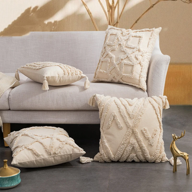 

Beige Geometric Tufted Cushion Cover 4 Corner Fringed Decorativel Pillowcase Home Decor 45X45/30X50 Pillow Covers for Sofa