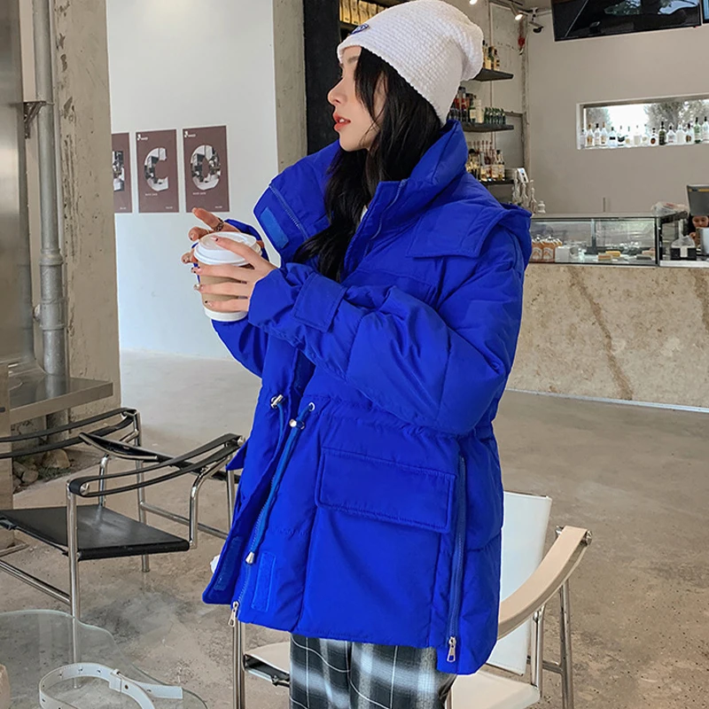 Winter Women's Warm Hood Parka Loose Fashion Solid Thick Down Padded Jacket Casual Versatile Women Drawstring Outerwear 2022 New