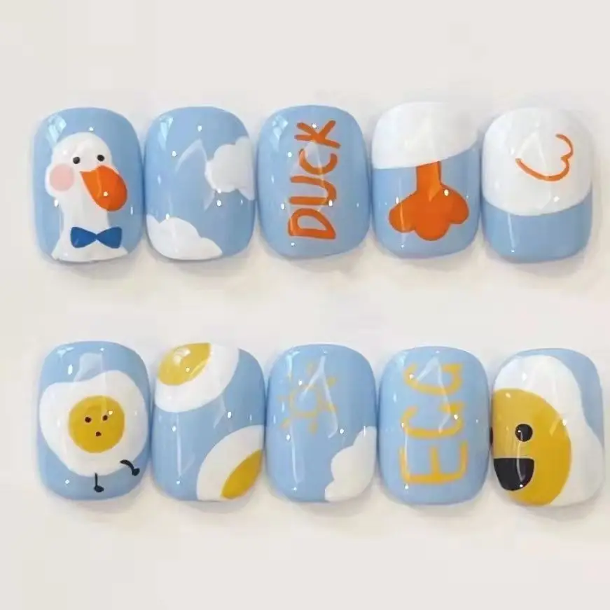 

Cute Short Kawaii Handmade False Nails Lovely Duck Nails Tips with design press on nails Finished Cat Nail Piece Sticker Kawaii
