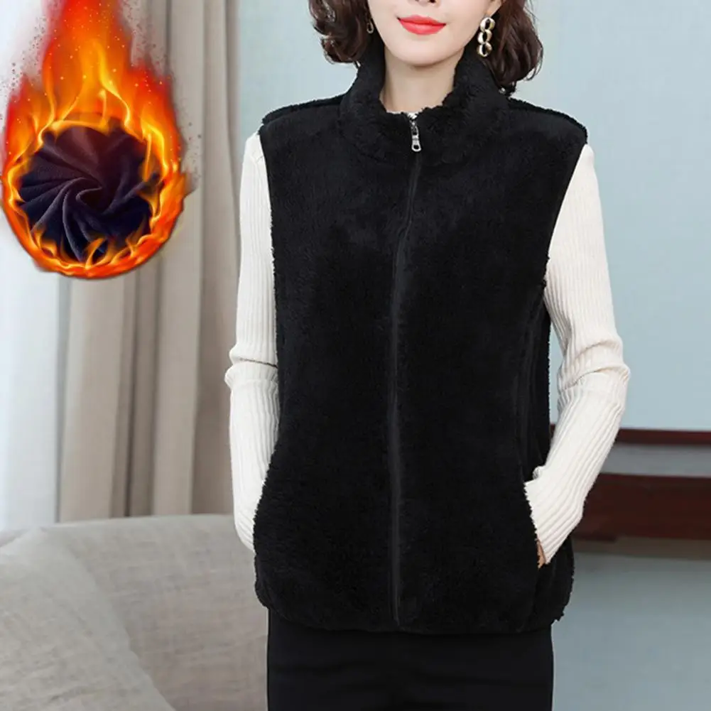 

Thick Warm Plush Vest Coat Cozy Chic Women's Fleece Vest with Stand Collar Zipper Placket Pockets for Autumn Winter Wardrobe
