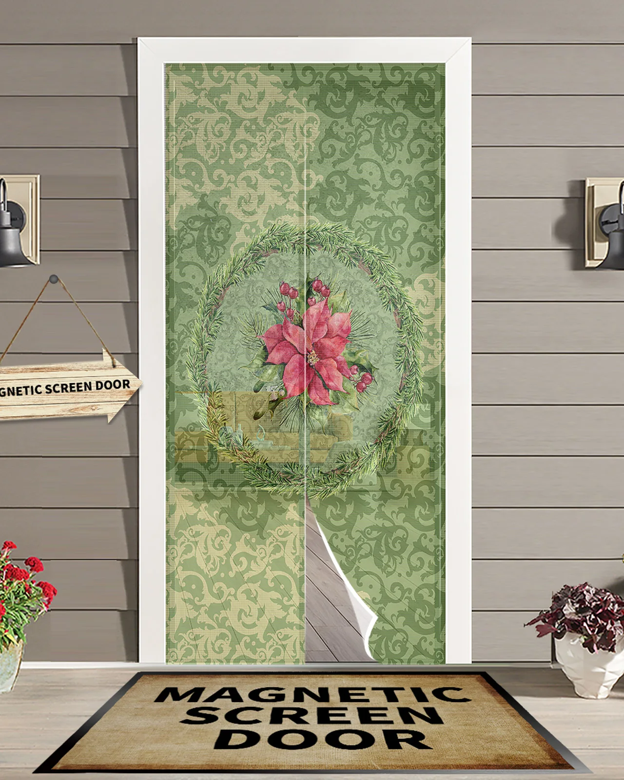 

Рождественская Магнитная дверная занавеска пуансита с зеленым узором, домашняя дверная занавеска для гостиной, спальни с противомоскитным экраном