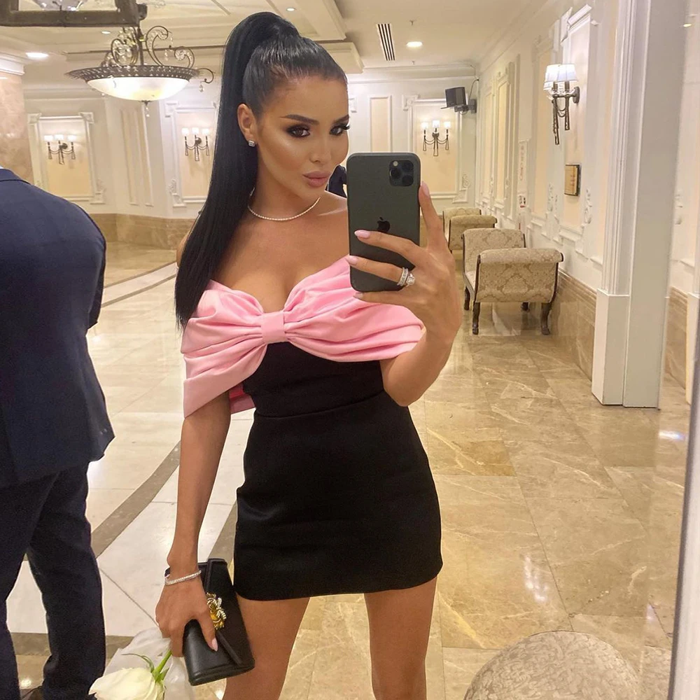 

2022 New Fashion Off Shoulder Bow Black White Mini Dress Celebrity Satin Birthday Club Outfits Women's Sexy Party Dress