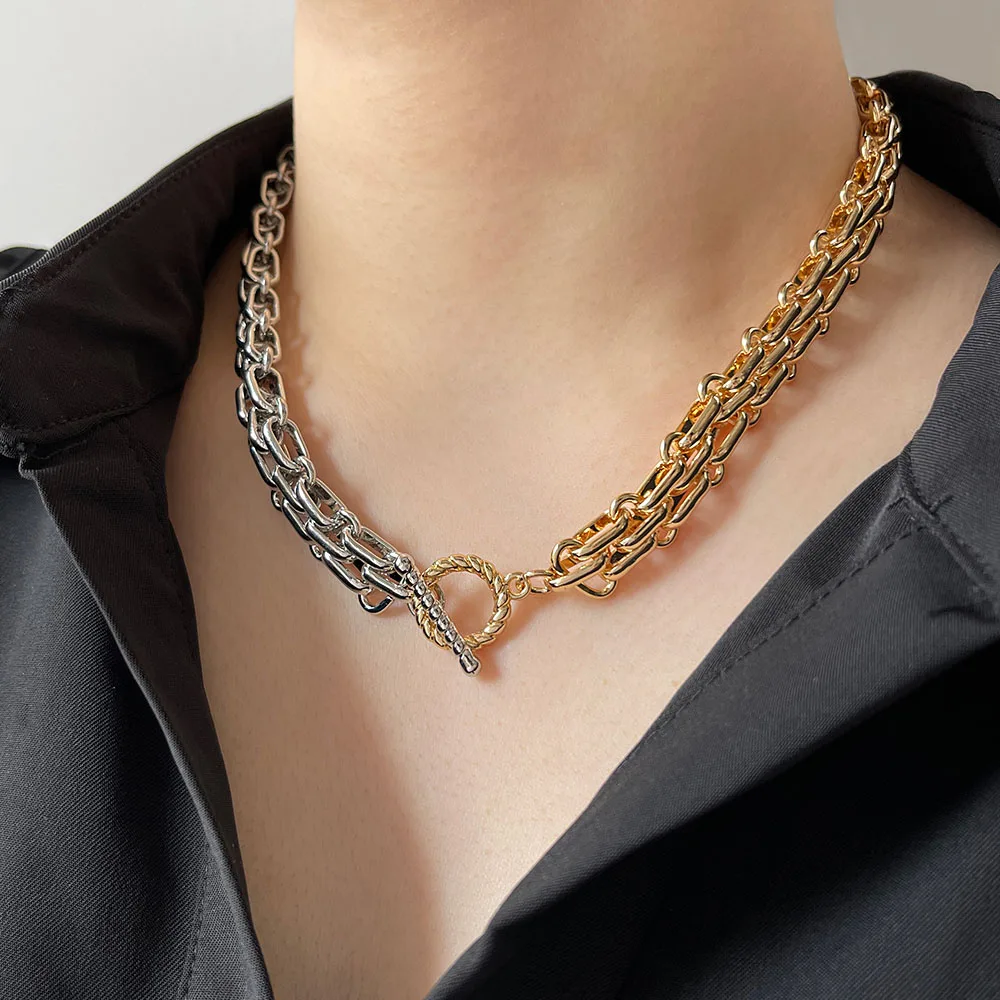 Peri'sBox Hip Hop Two Tone Thick Wide Link Chains Chunky Necklace for Woman OT Buckle Metal Choker Necklaces Statement Jewelry