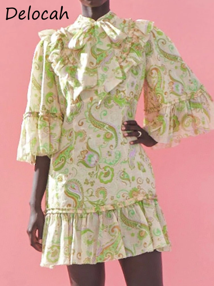 Delocah High Quality Early Summer Women Fashion Designer Mini Dress Short Flare Sleeve Bow Ruffles Trim Hem Floral Print Dresses