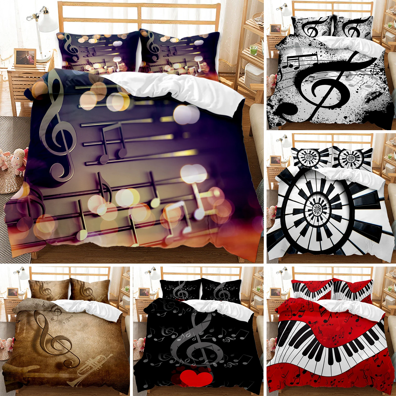 

Комплект постельного белья с пододеяльником, набор постельного белья из 2/3 шт. полиэстера с изображением музыки и скрипичного ключа