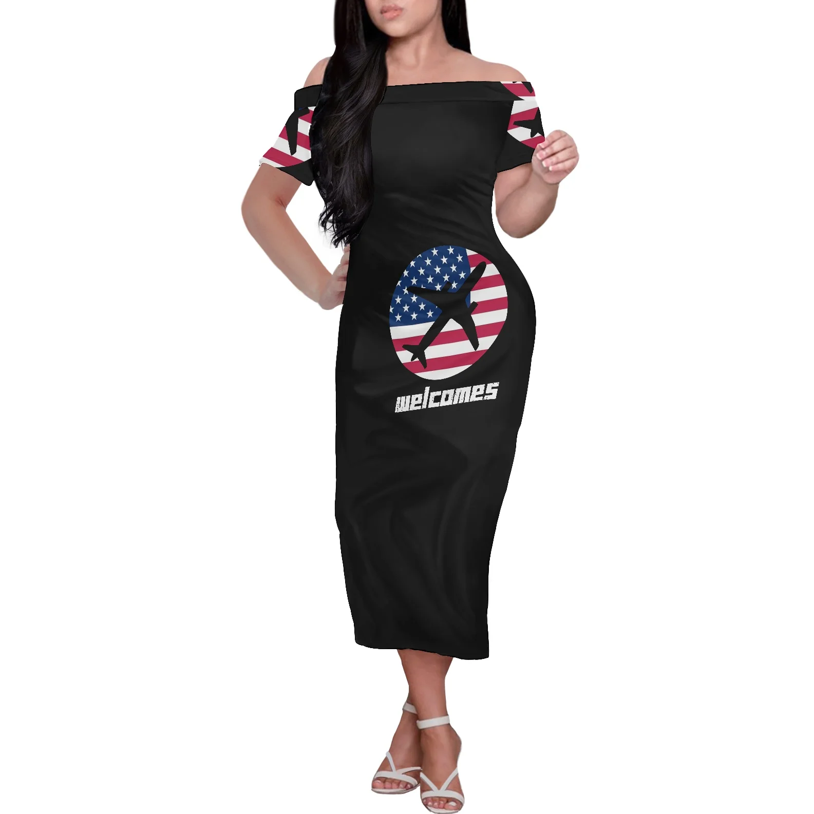 

Hawaiian Samoa Polynesian Black Long Dress 2022 Summer Flag Print Clothing Off Shoulder Dresses Short Sleeve Knee Length Gowns