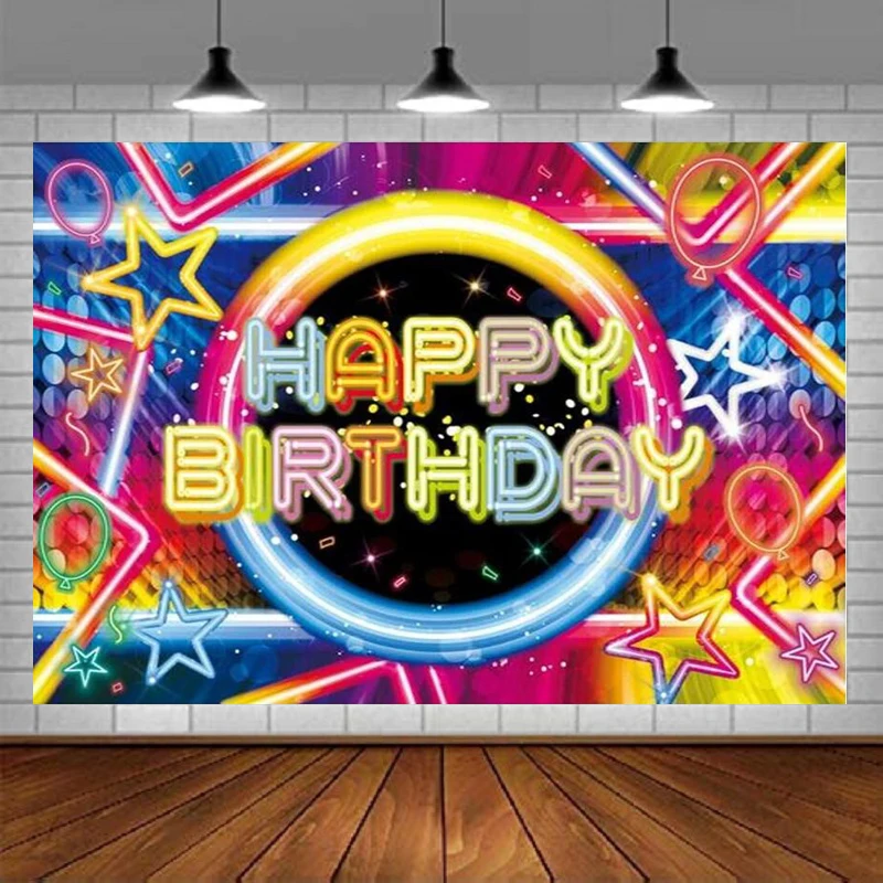 

Glow In The Dark Birthday Photography Backdrop Colorful Neon 80s 90s Crazy Sleppover Party Supplies Background Cake Table Decor