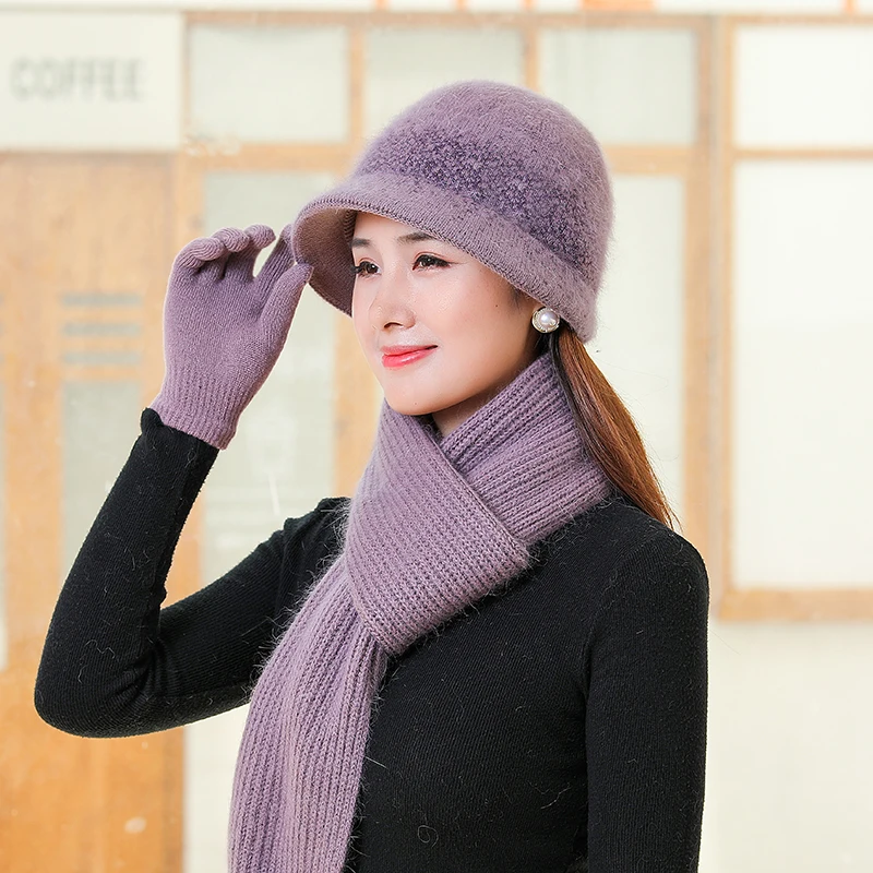 

New Women Casual Winter Hat With Brim Outdoor Keep Warm Suit Hat Scarf And Gloves Set For Female Street Thick Knitted Bucket Hat