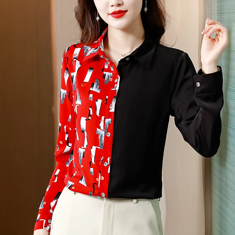 

Poplin Women's Blouse Loose In Summer Patchwork Print Long Sleeve Top Casual Fashion Polo Shirt Movafag