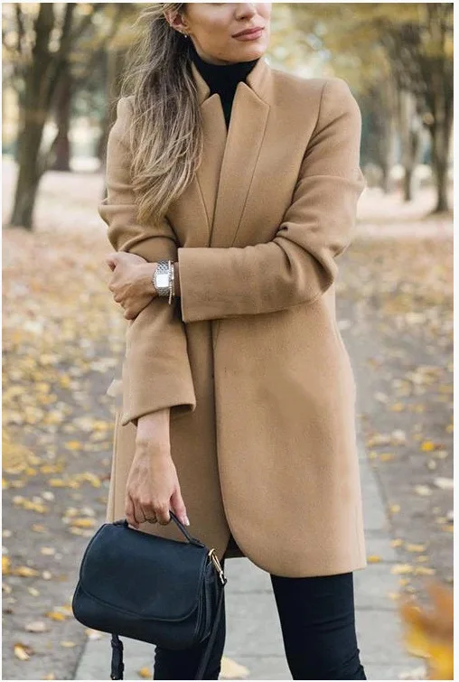 Autumn and Winter New Fashion Solid Neck Woolen Coat images - 6