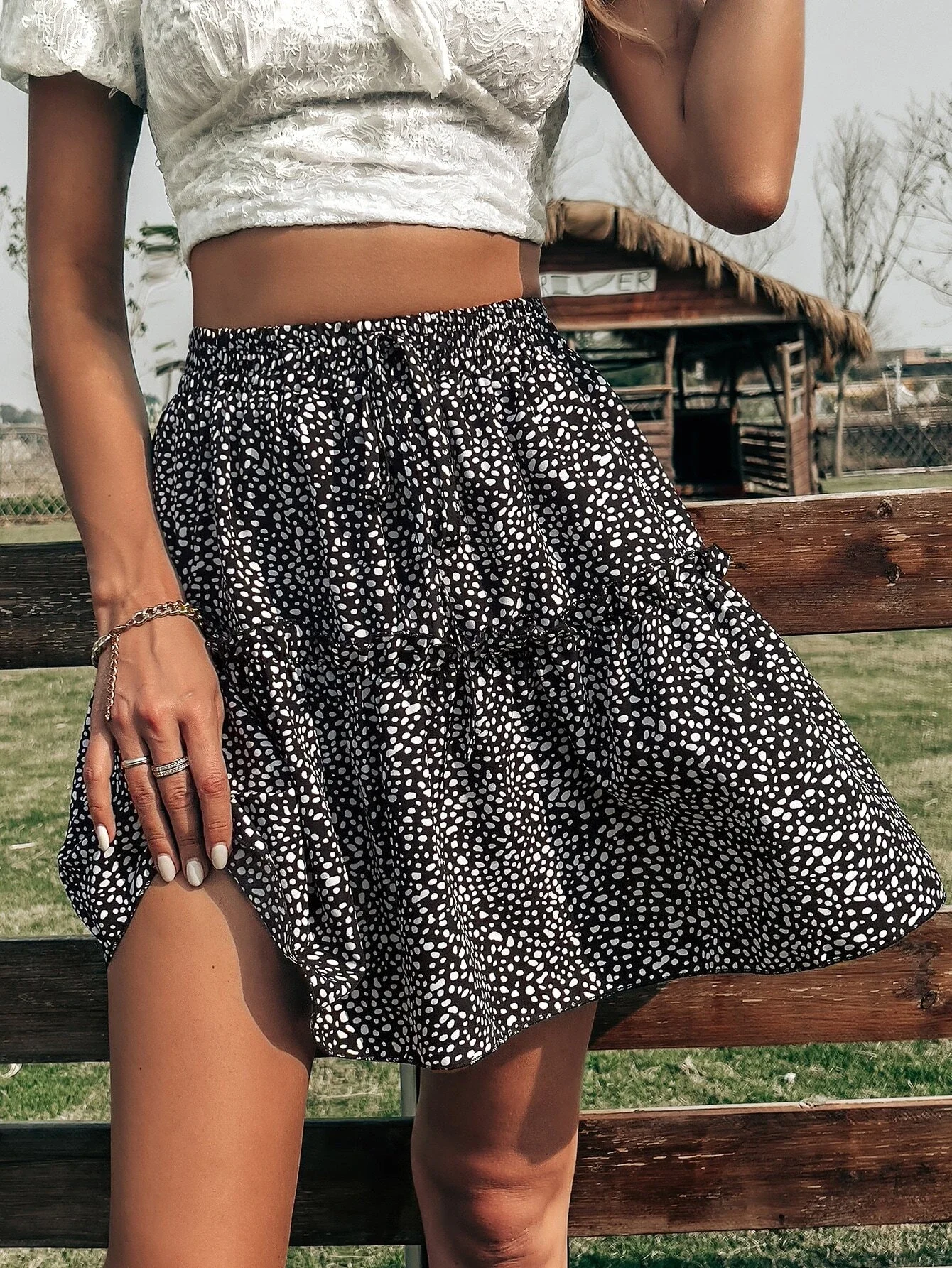 

High Waist Dalmatian Print Ruffle Hem Knot Front Skirt