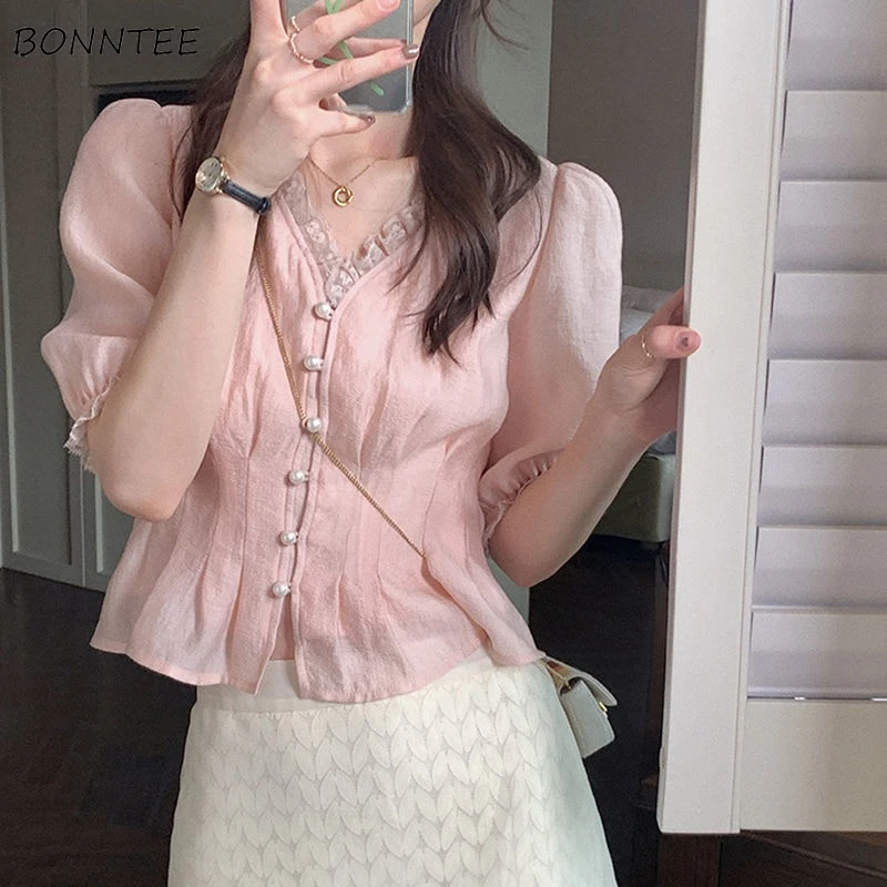 

Puff Sleeve Pink Blouse Women Sweet Lady Lovely All-match New Design Korean Fashion Casual Elegant V-neck Lace Summer Hot Sale