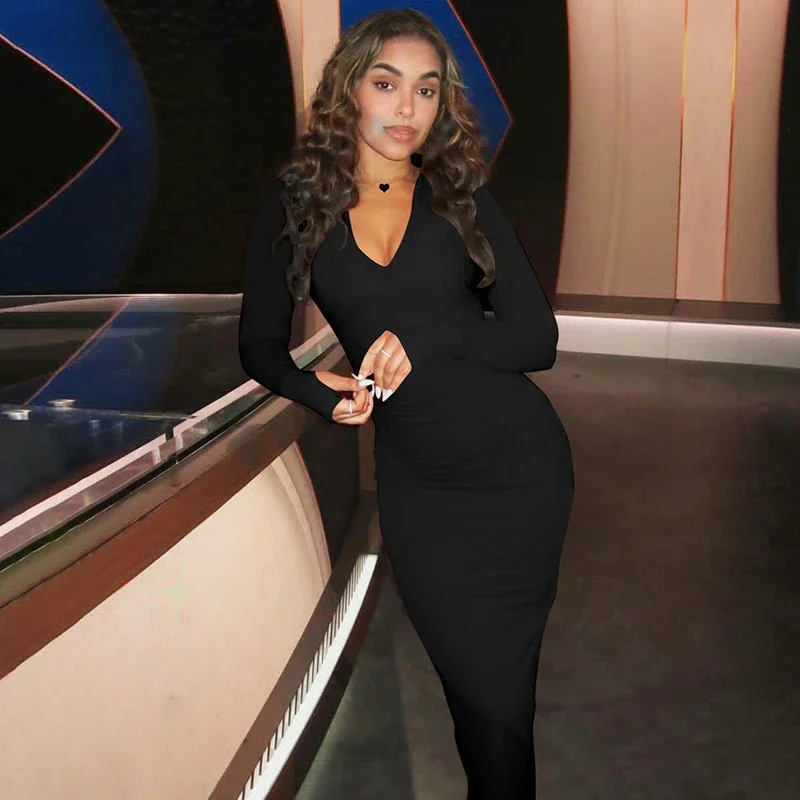 Элегантное облегающее платье макси с длинными рукавами и рюшами сексуальное