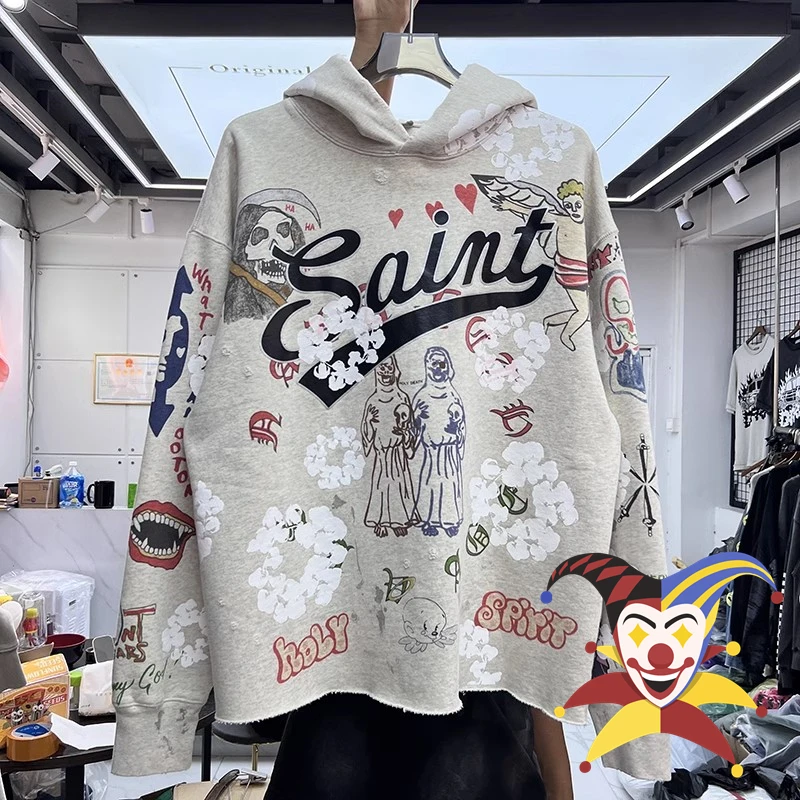 

Винтажная толстовка с капюшоном Saint Michael для мужчин и женщин, плюшевые бархатные пуловеры с пышным принтом капюшона