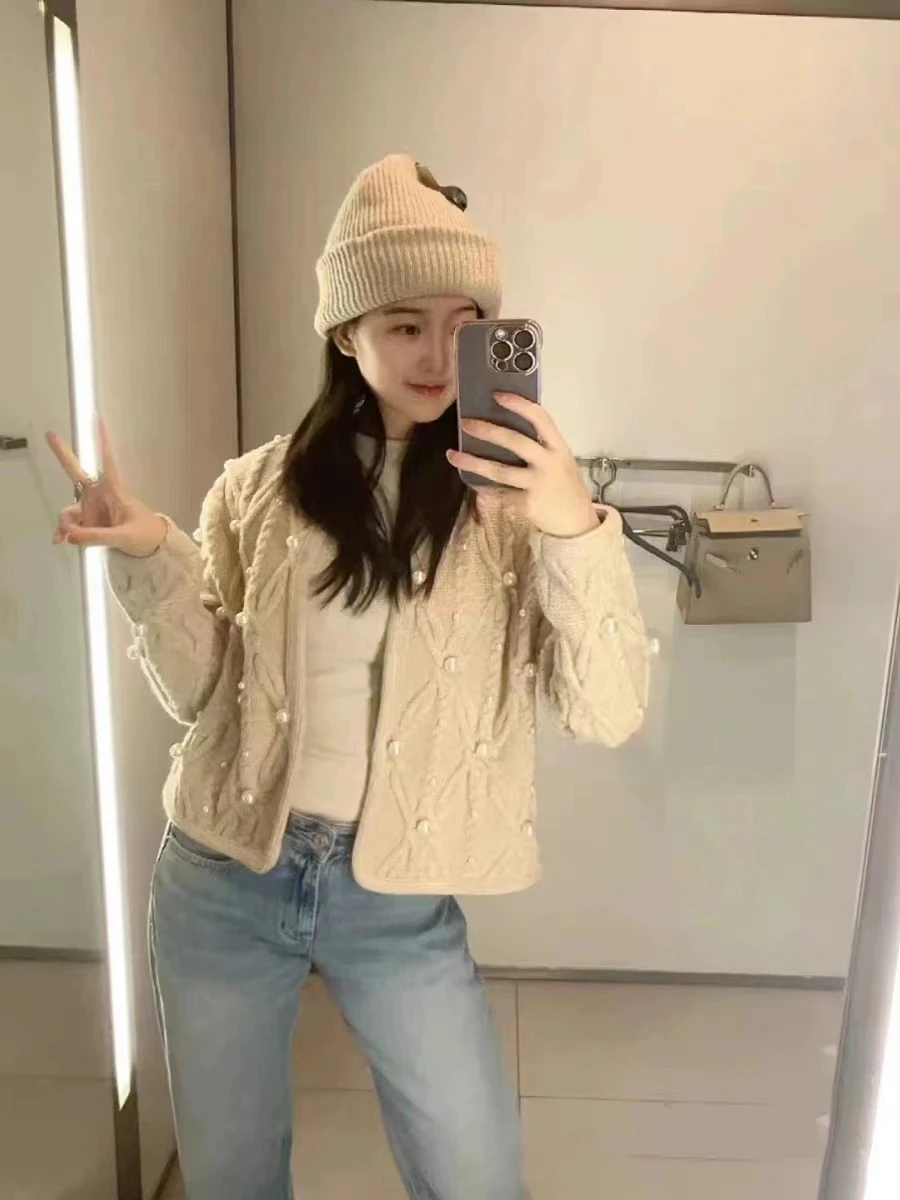 

TRAF Faux Pearl Knitted Cardigan For Woman 2024 Autumn Winter Cropped Cardigan Women Long Sleeve Crop Knit Top Short Sweaters