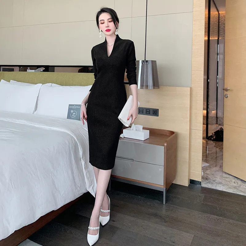 

Женское трикотажное Сетчатое платье, черное винтажное облегающее платье до середины икры с V-образным вырезом, длинным рукавом, молнией, раз...