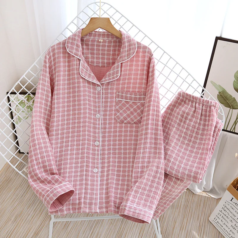 Couples Pajama Set 100% Cotton Crepe Women And Men Home Suit Female Sleep Top Bottom Sleepwear Long Sleeve Soft Pyjamas