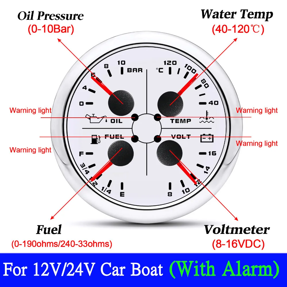 НОВЫЙ 85 мм измеритель температуры воды давление масла напряжение уровня топлива 4в1 многофункциональный датчик давления масла для автомобиля лодки 8 ~ 16 В