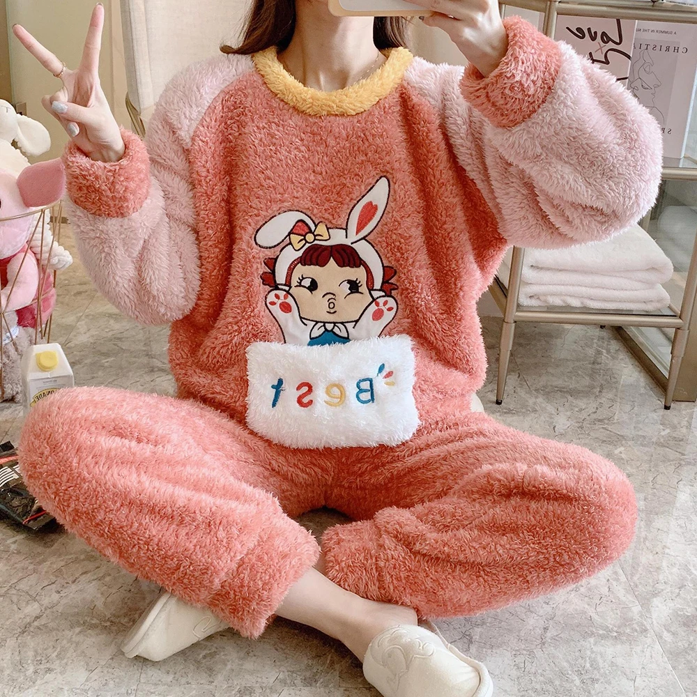 2022 Winter Flannel Pyjamas Women Kawaii Cartoon Long Sleeve Warm Sleepwear Cute Embroidery Pajamas Two Pieces Suit Homewear