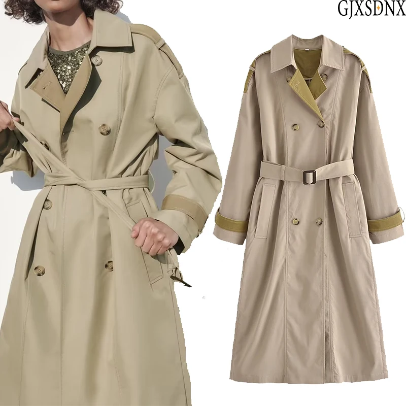 

GJXSDNX 2023 New Spring Autumn Double-breasted Trench Coat Belt Women Fashion Loose Solid Simple Casual Windbreaker Female