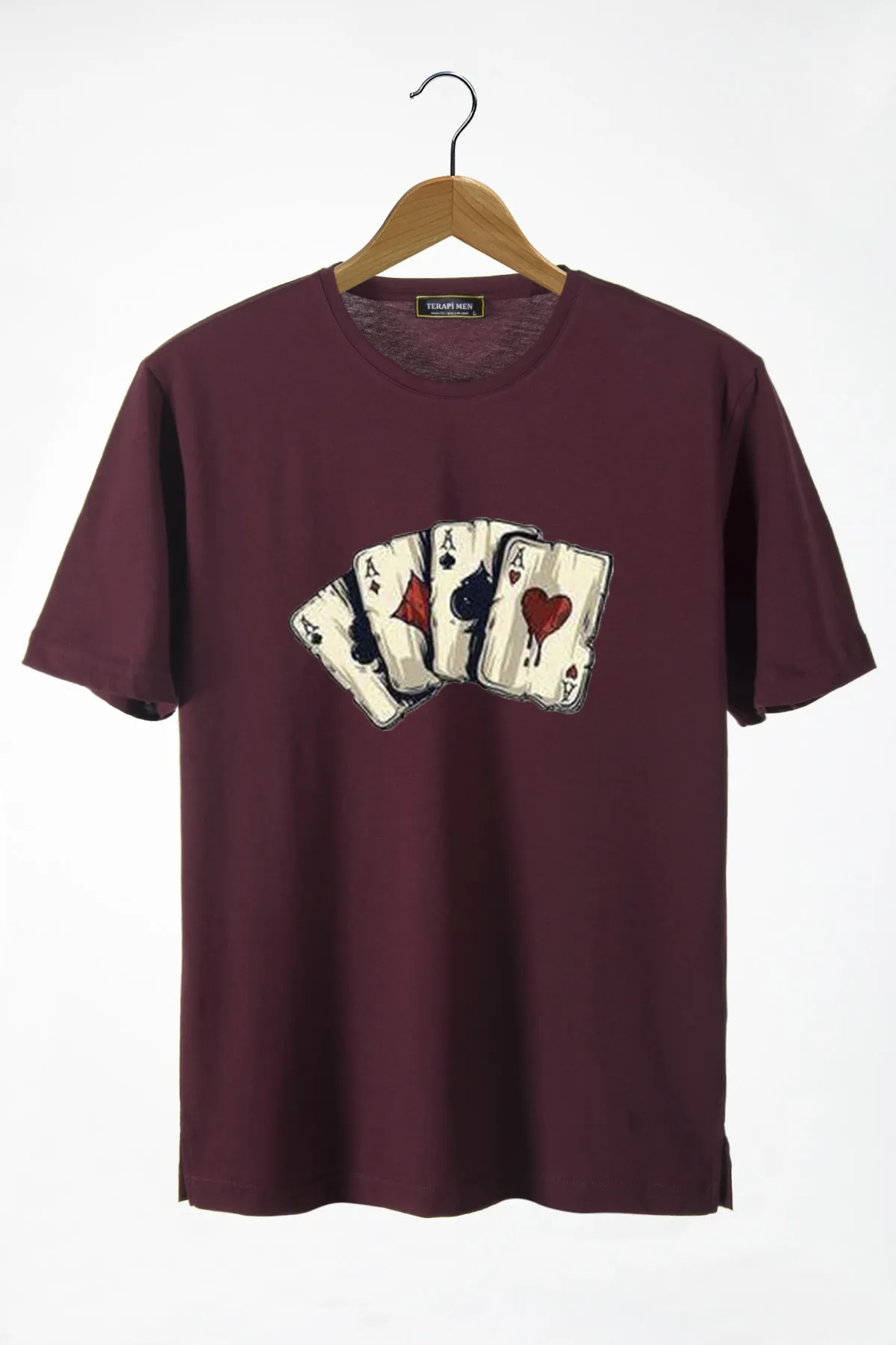 

Male Maroon Playing Cards Paper Printed Bike Collar Oversize T-shirt 22Y-3400762-2