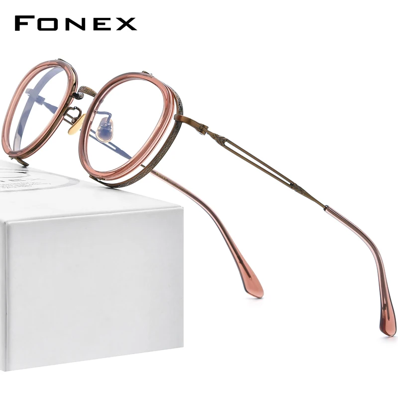 FONEX Acetate Titanium Glasses Frame Women Vintage Oval Prescription Eyeglasses Men 2023 Spectacles Myopia Optical Eyewear E-054
