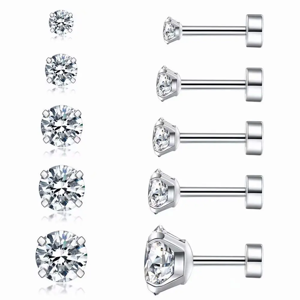 Male Female Universal Earrings Round 3A Double Zircon Earrings Titanium Steel Round Stainless Steel Fine Needle Earrings Set
