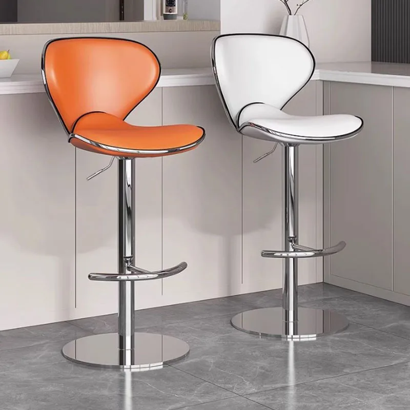 Кожаный стильный барный стул стальной серебристый регулируемый металлический