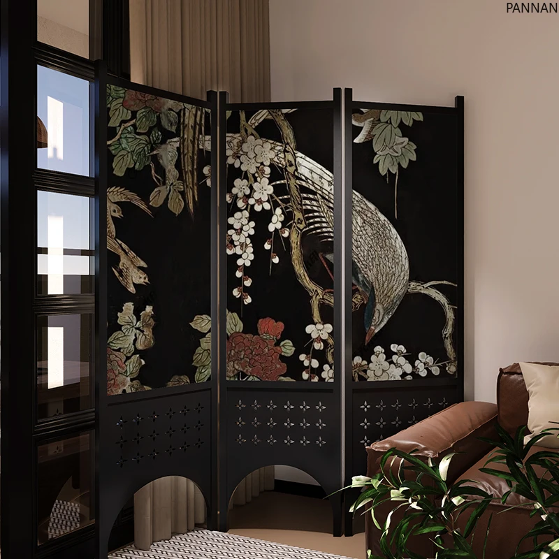 Складная перегородка из цельного дерева в средневековом стиле лаковая роспись